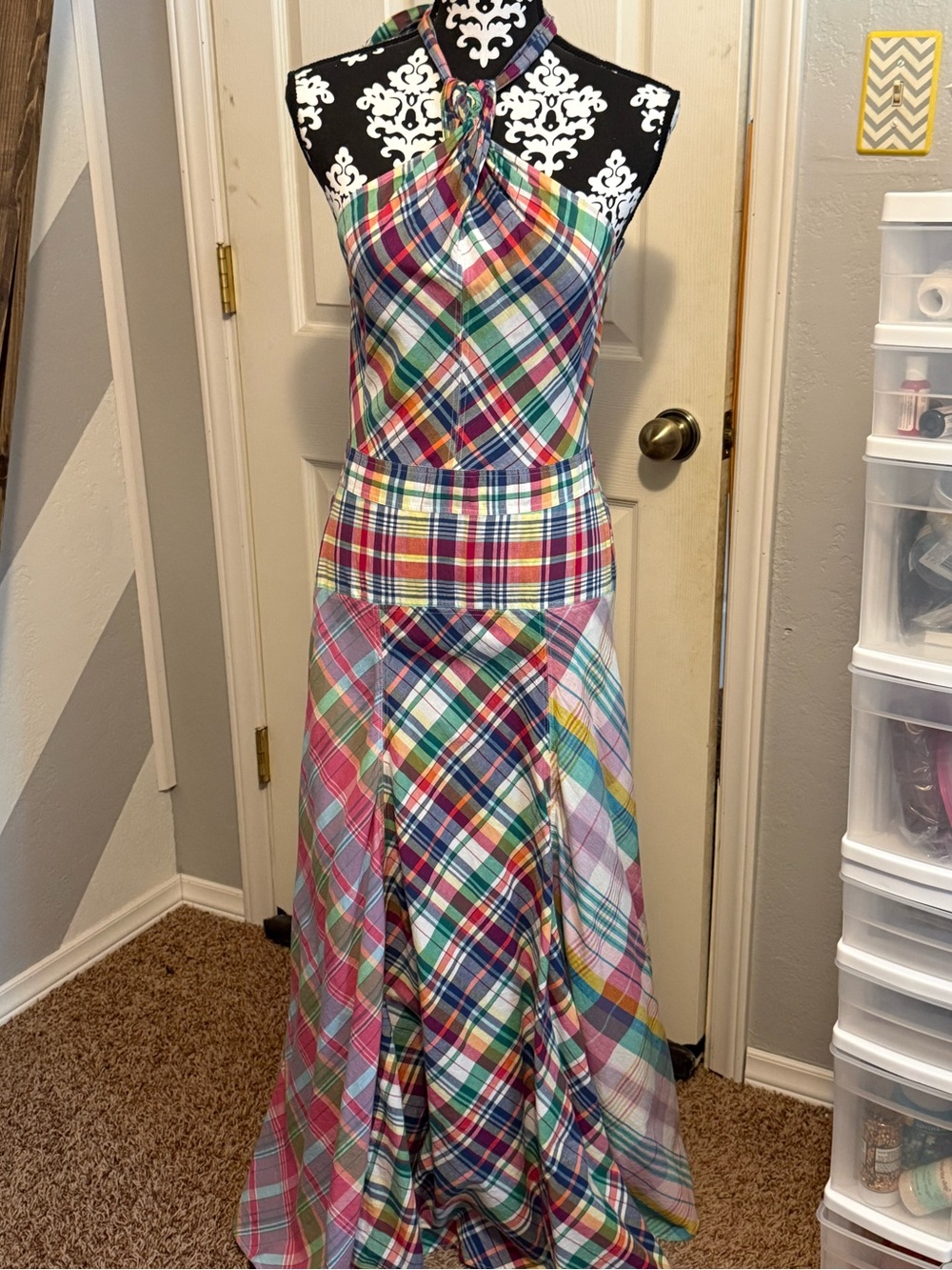 Polo by Ralph Lauren Multicolor Plaid Halter Maxi Dress with Twist Neck